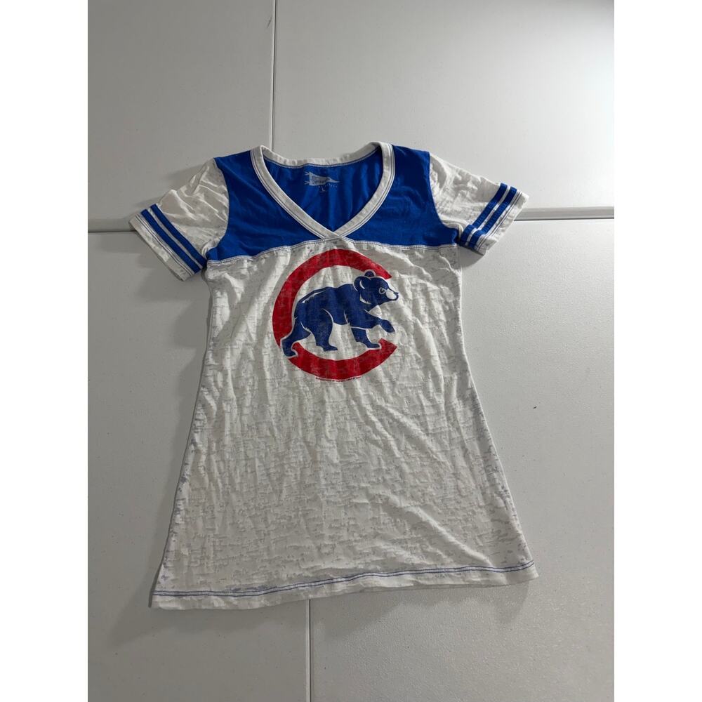 Super7 Chicago Cubs Womens Large V-Neck Jersey Tee White Blue MLB Made in USA